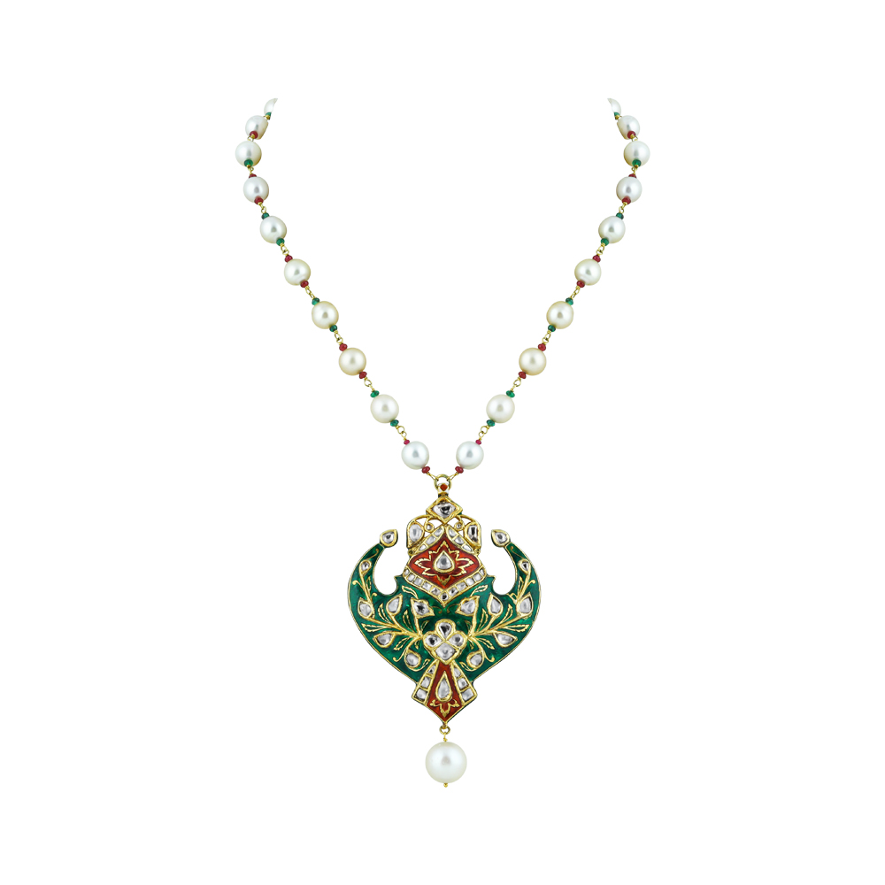 Pearl Necklace with Green-Red Enamel Pendant